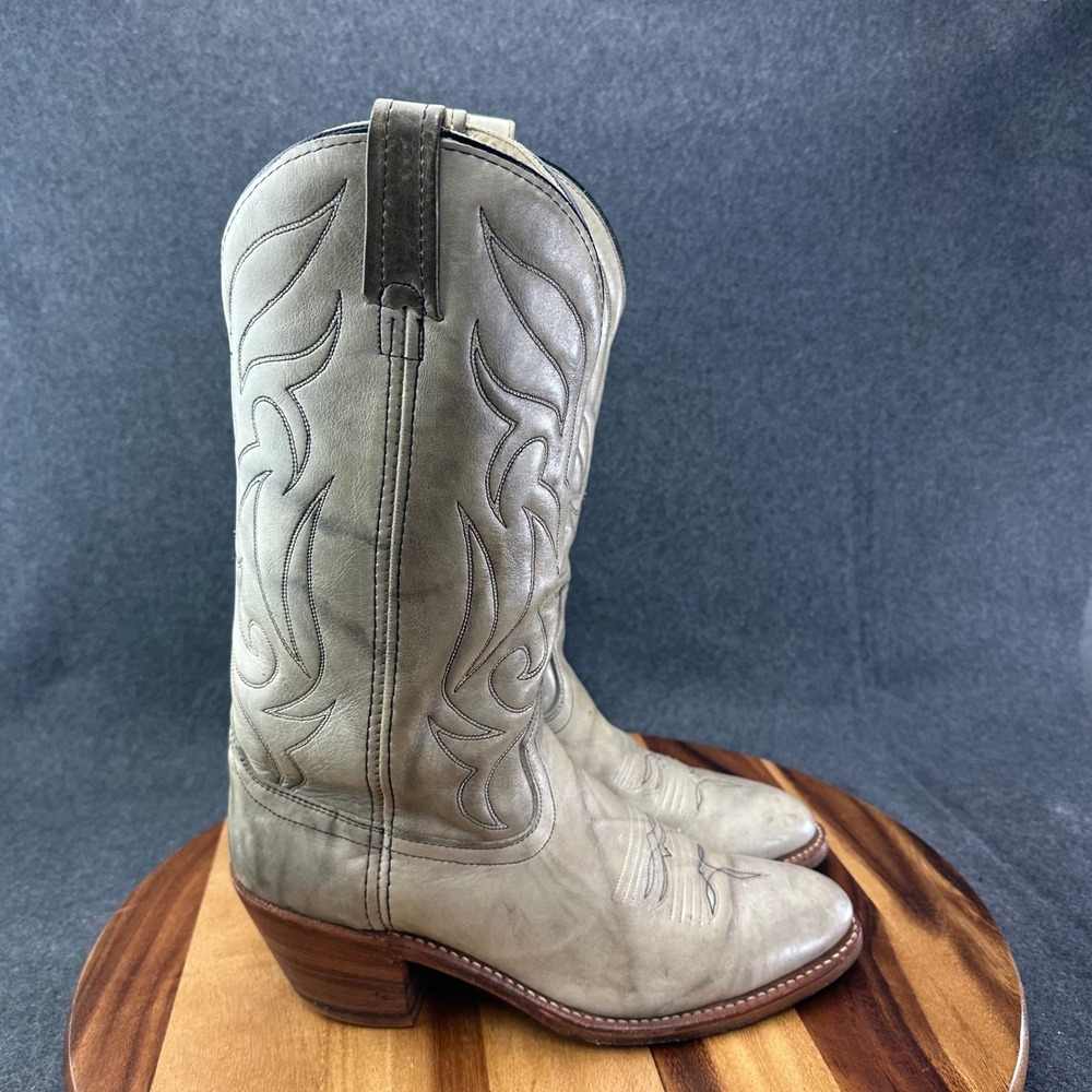 Vtg 1970s Acme Womens Gray Tan Cream Leather Embroidered Western Cowboy Boots 9D